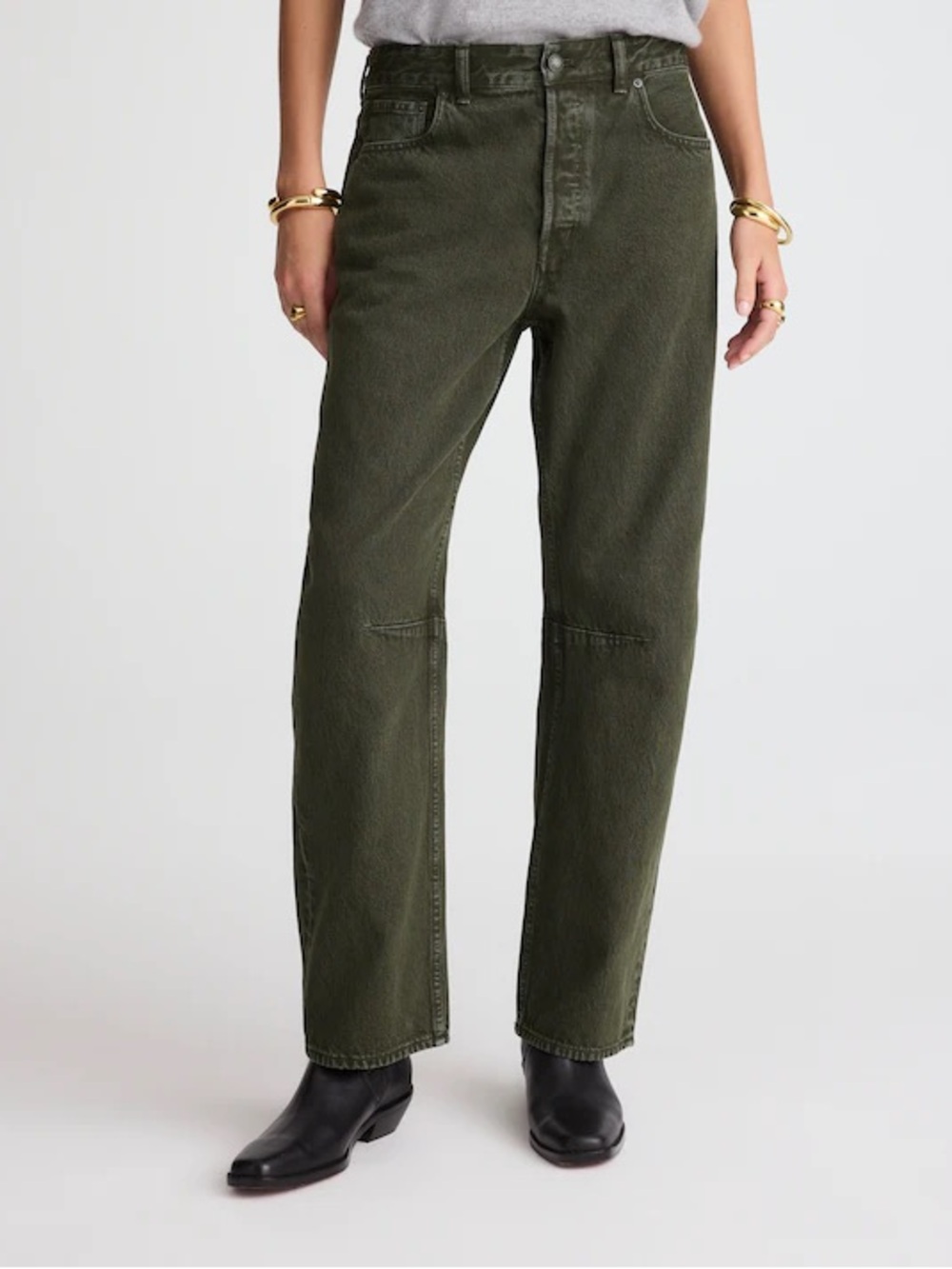 Madewell The Darted Barrel-Leg Jean sz 29 Mossy Umber Dark Green Rigid Denim